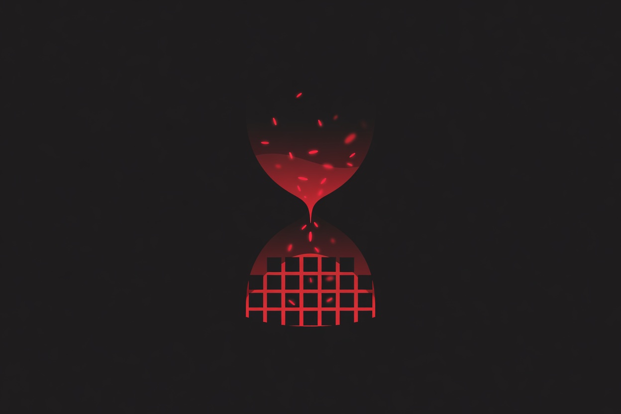 Abstract hourglass shape nearly empty, with glowing particles transitioning from a free-flowing upper chamber to a metered grid below