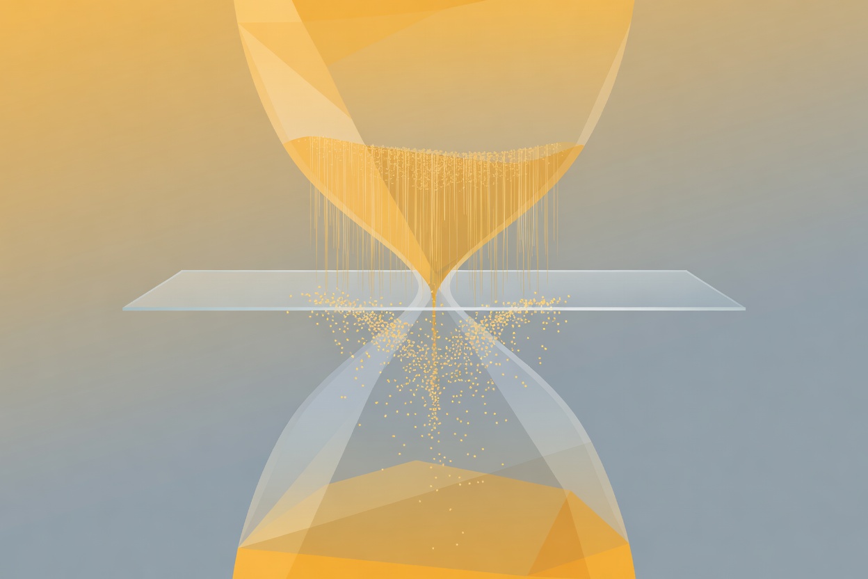 Abstract hourglass shape in amber tones with a translucent barrier in the middle blocking flow, representing a performance constraint or guardrail