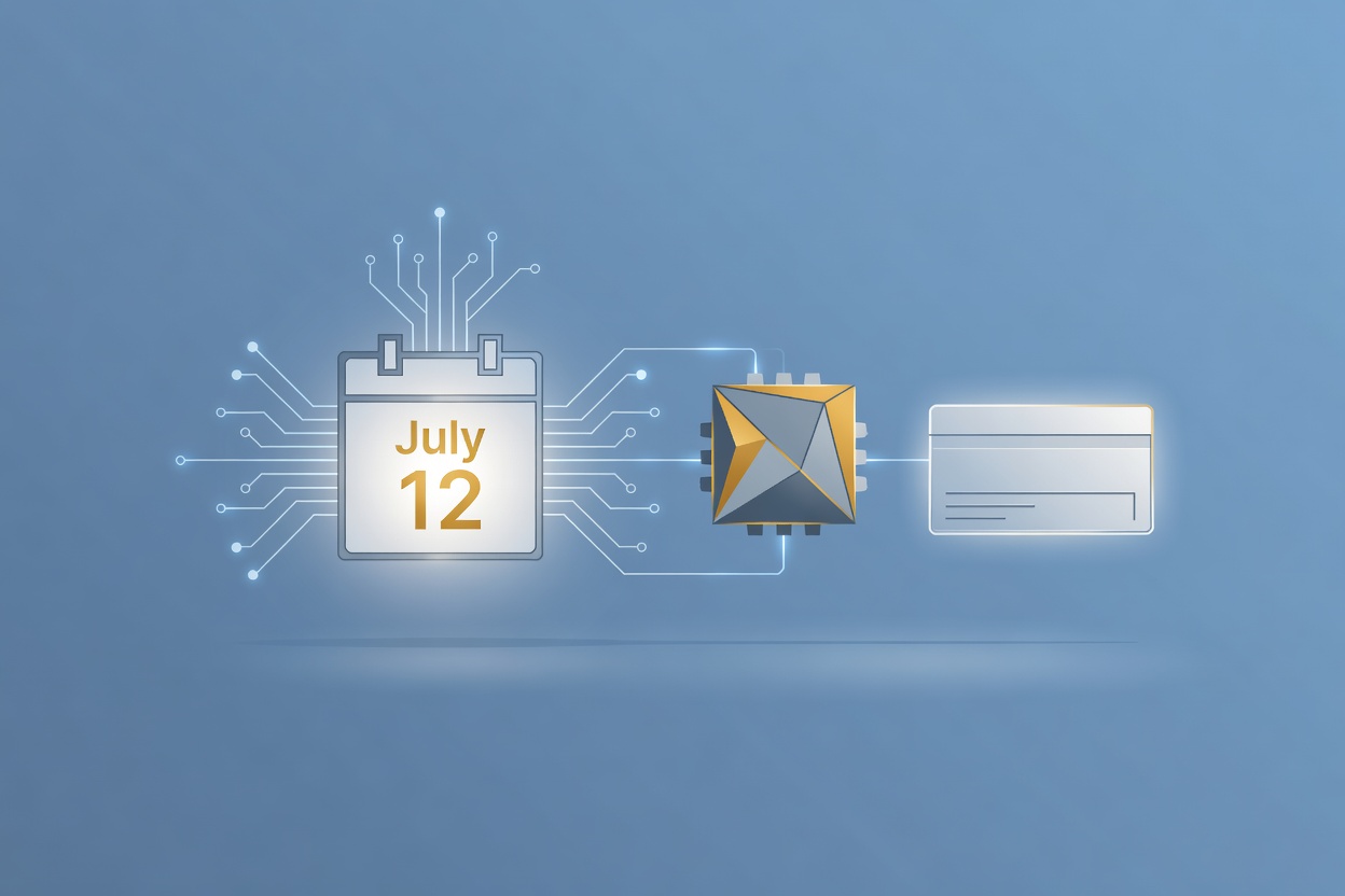 A glowing calendar date July 12 connected by luminous threads to a stylized subscription card and an AI model chip