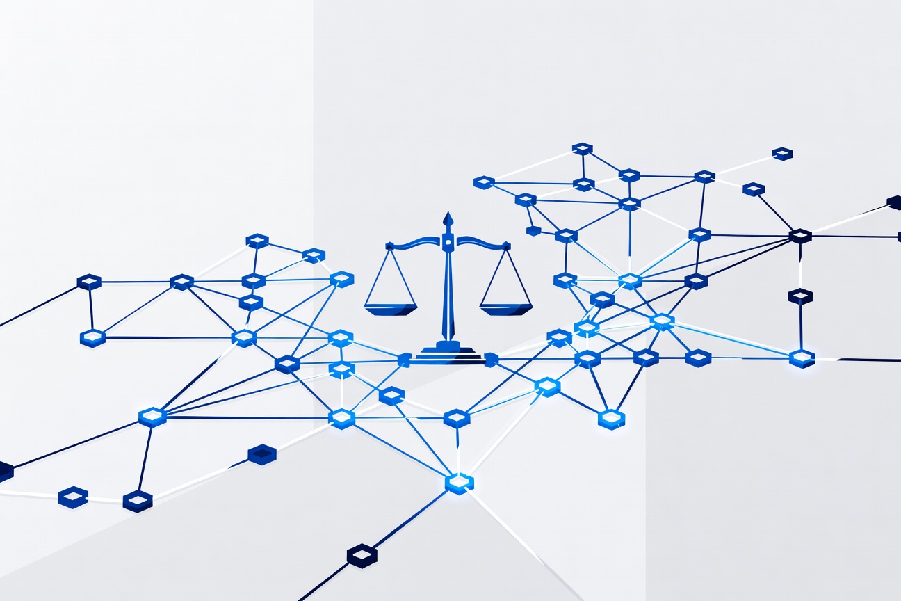 Legal scales balanced on an interconnected network of glowing nodes representing MCP connectors