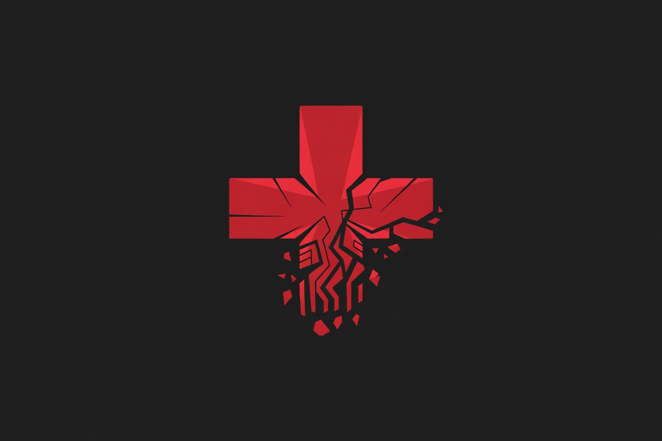 Abstract medical cross symbol fragmented into data streams and broken circuit patterns, representing AI reliability gaps in healthcare systems
