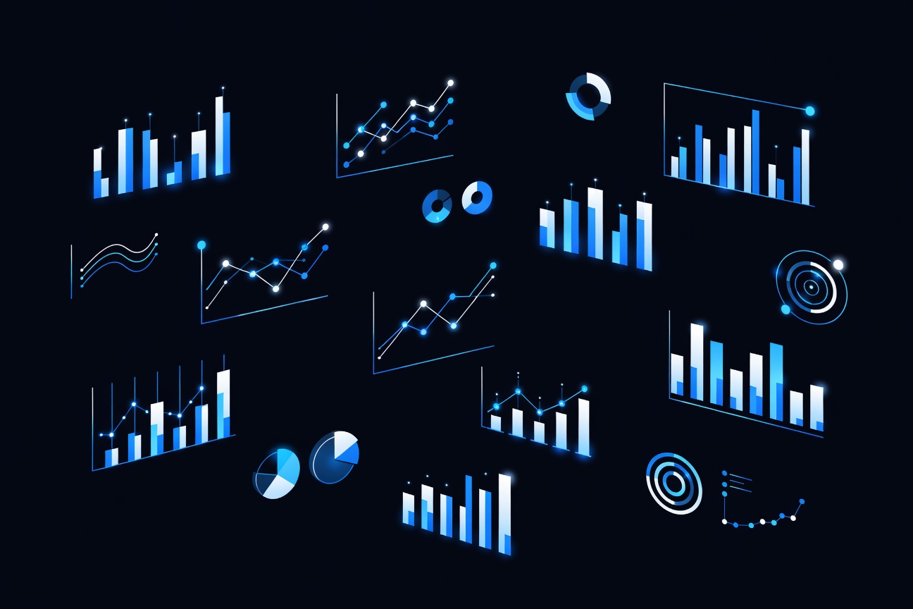 Colorful glowing data visualization charts and network diagrams floating in dark space