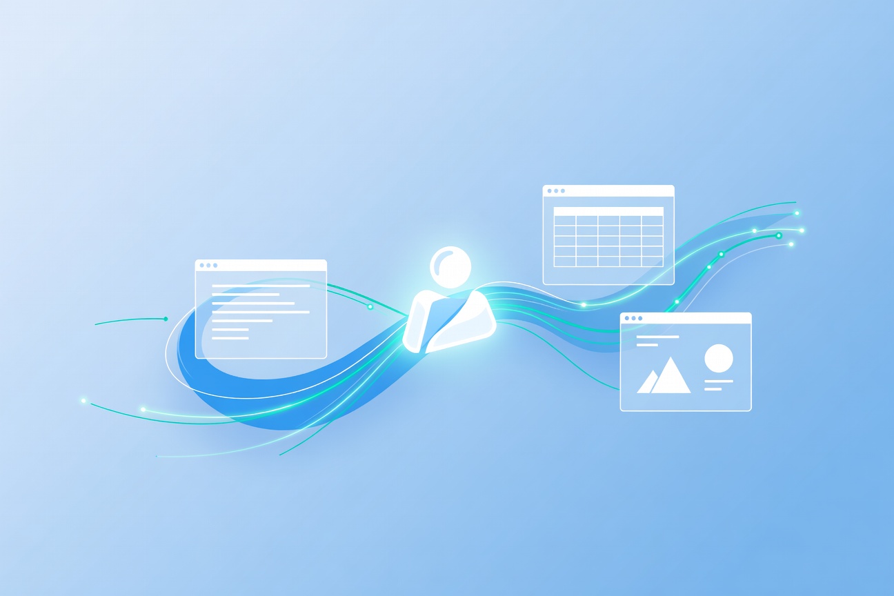Glowing AI assistant icon flowing between document, spreadsheet and presentation app windows connected by luminous data streams