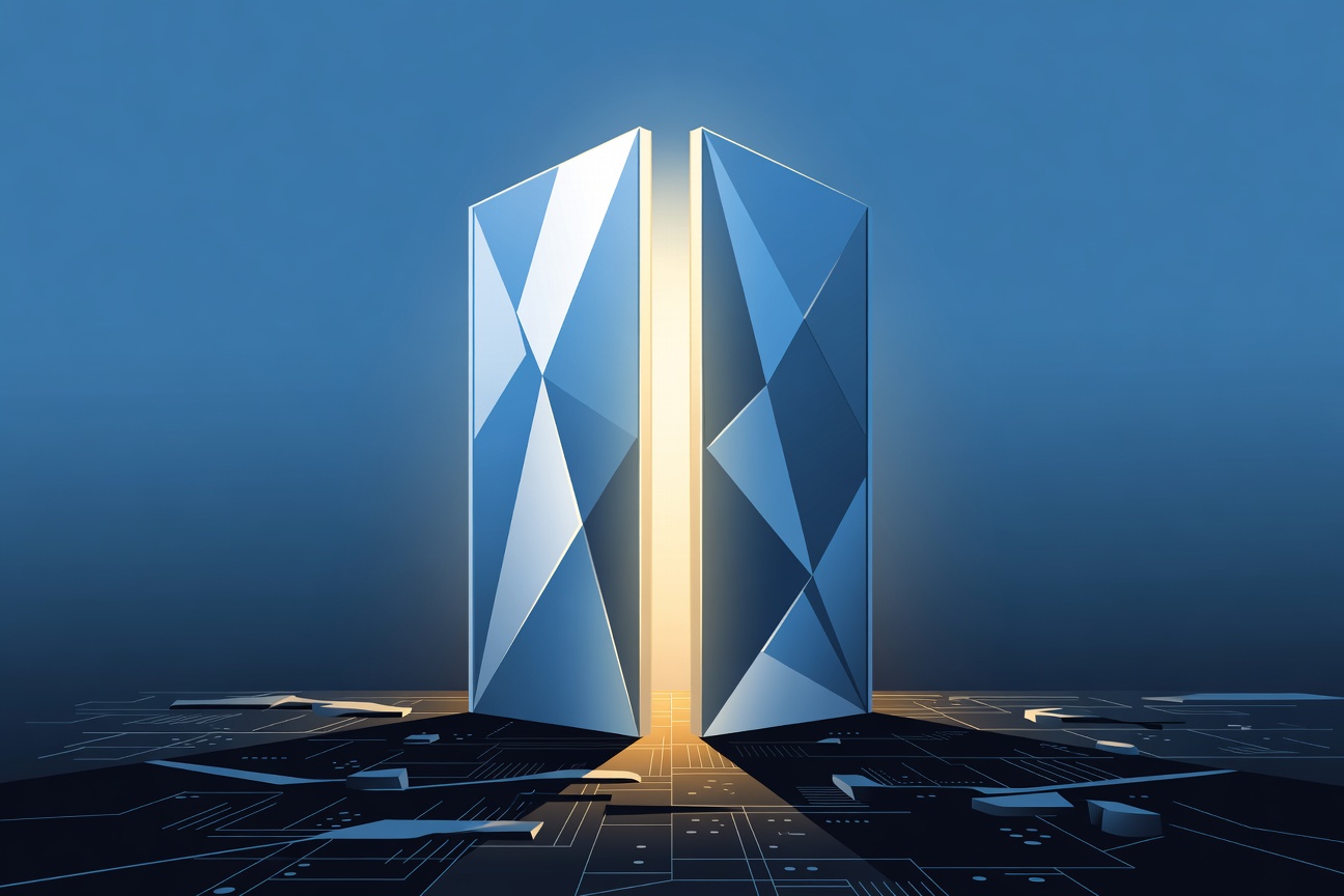 A glowing mythological gate slowly opening to reveal abstract digital light beyond, set against a dark cybernetic landscape