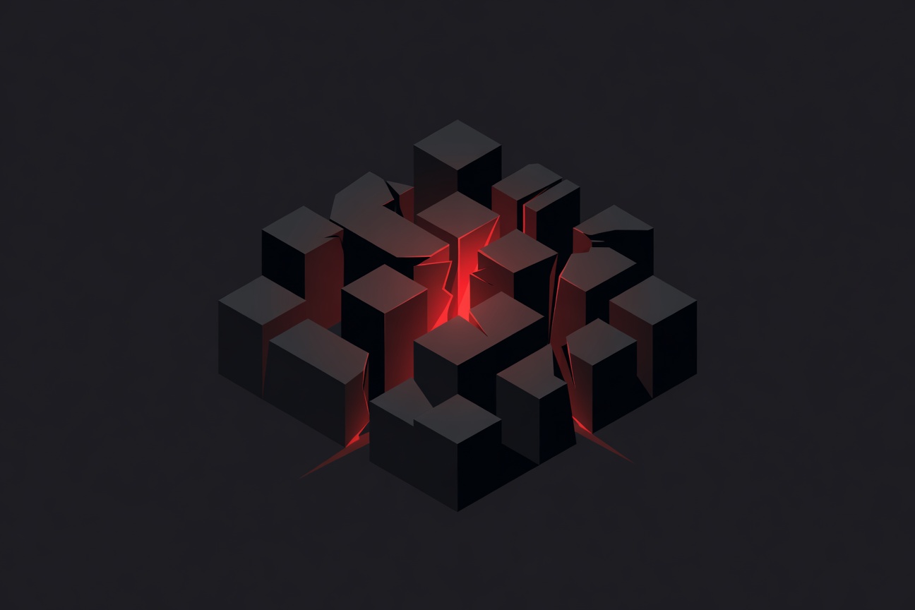 Dark geometric labyrinth with a glowing red crack opening, representing AI-enabled security breach vectors