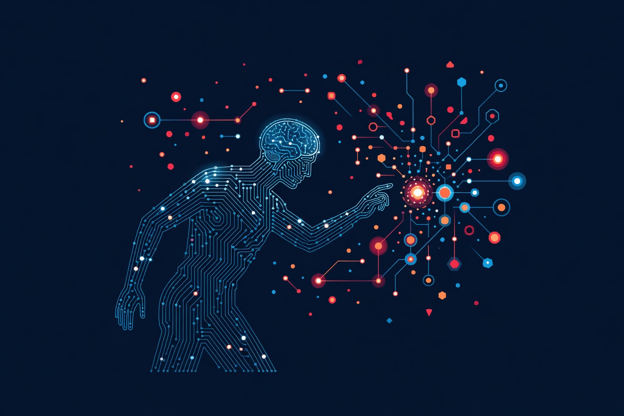A glowing AI circuit network successfully navigating a complex digital fortress maze