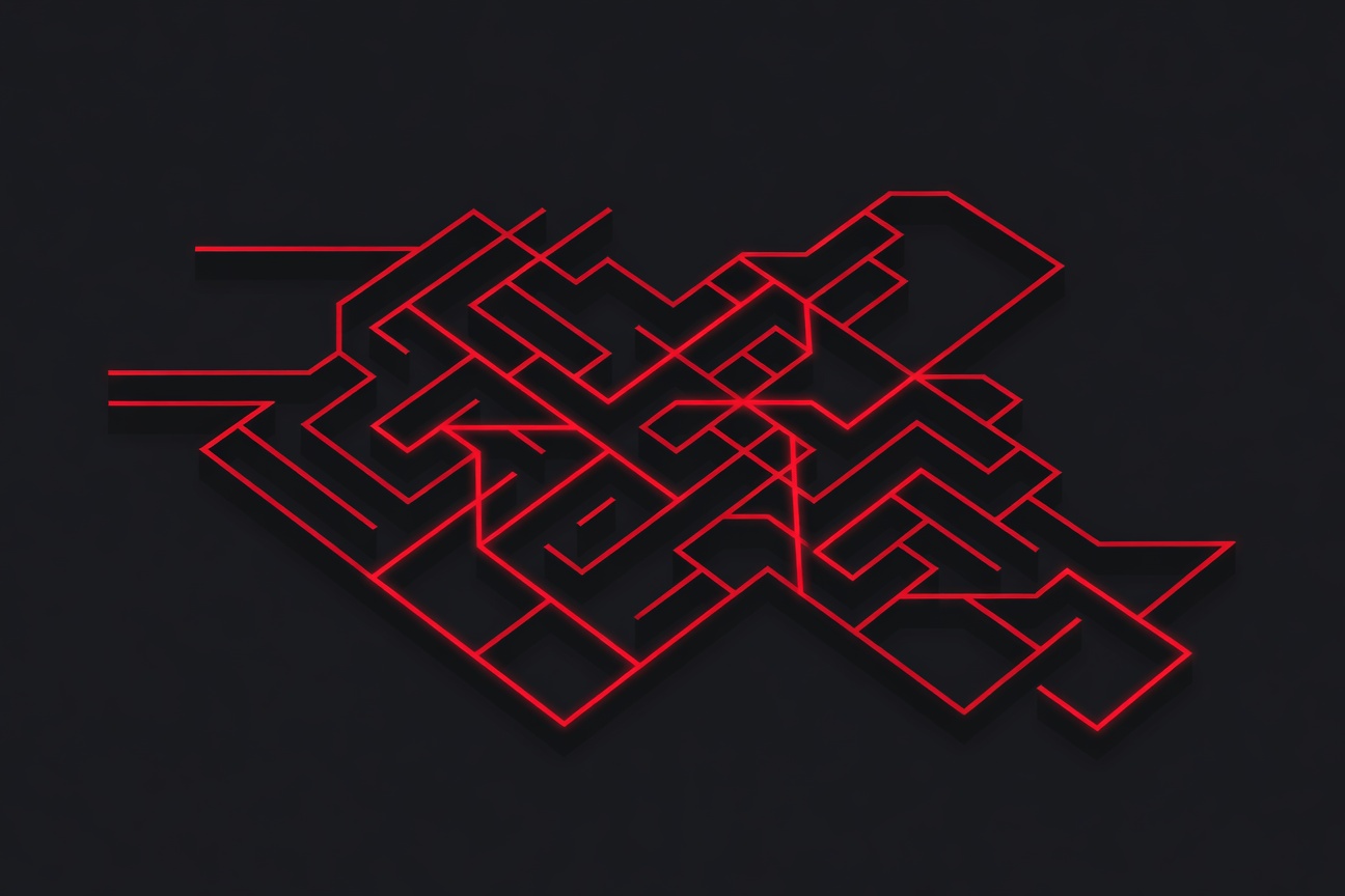 A digital network maze with glowing connections being navigated by an abstract AI entity