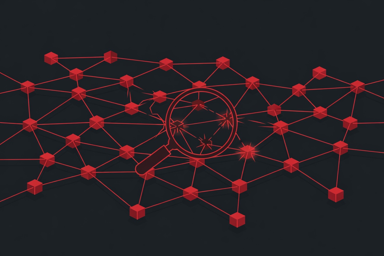 Abstract glowing web of interconnected nodes with a magnifying glass revealing cracks and fractures in the structure, representing vulnerability discovery at scale