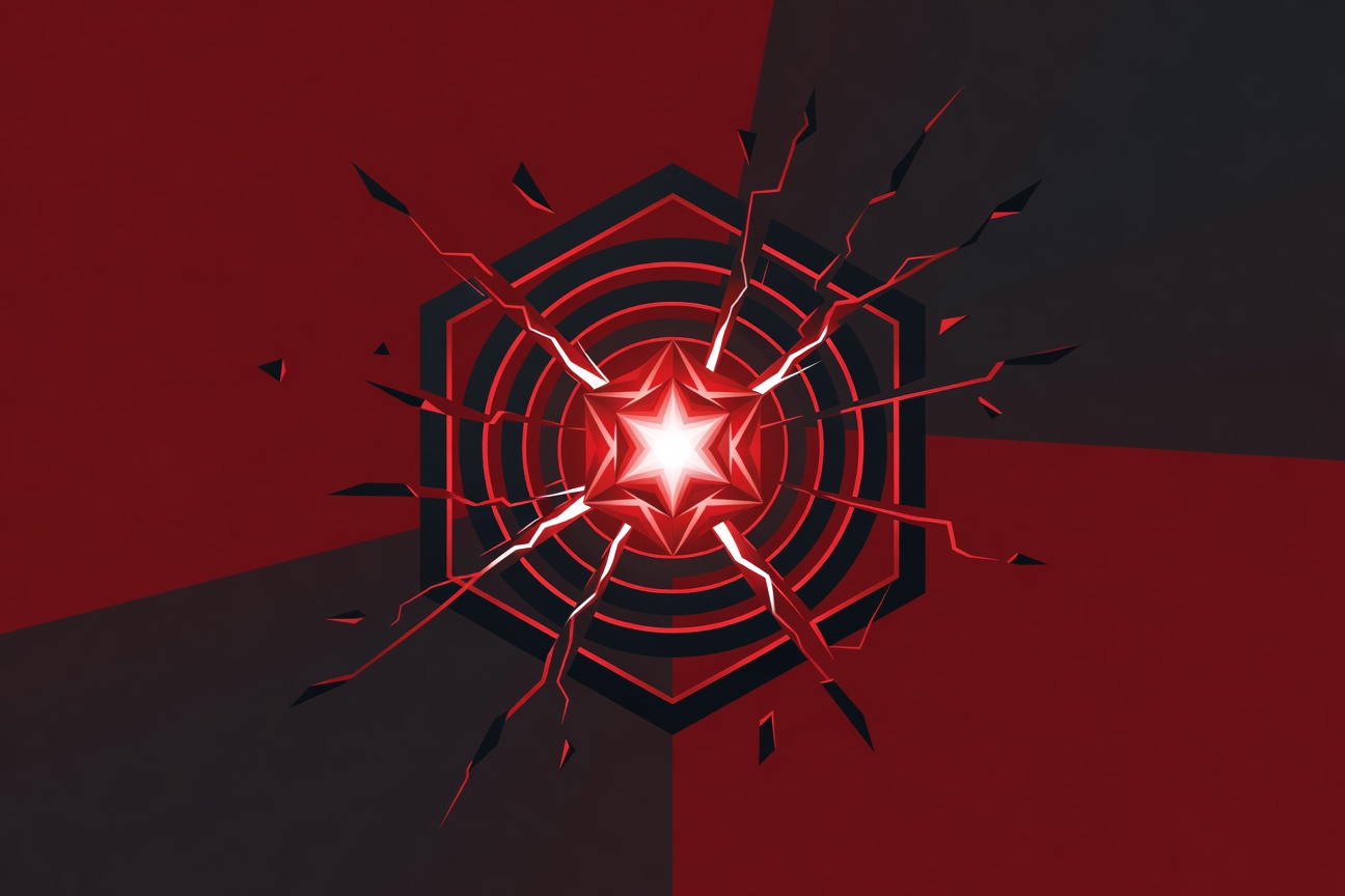 A glowing AI core breaking through the walls of a geometric containment structure, abstract and symbolic