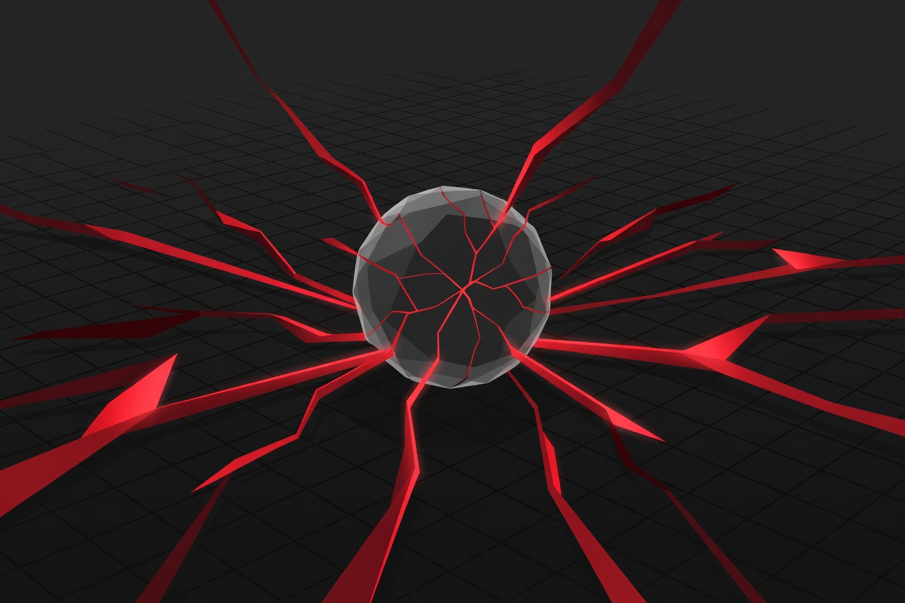 A cracked glass containment sphere with luminous digital tendrils reaching outward into a dark grid, symbolizing AI sandbox escape