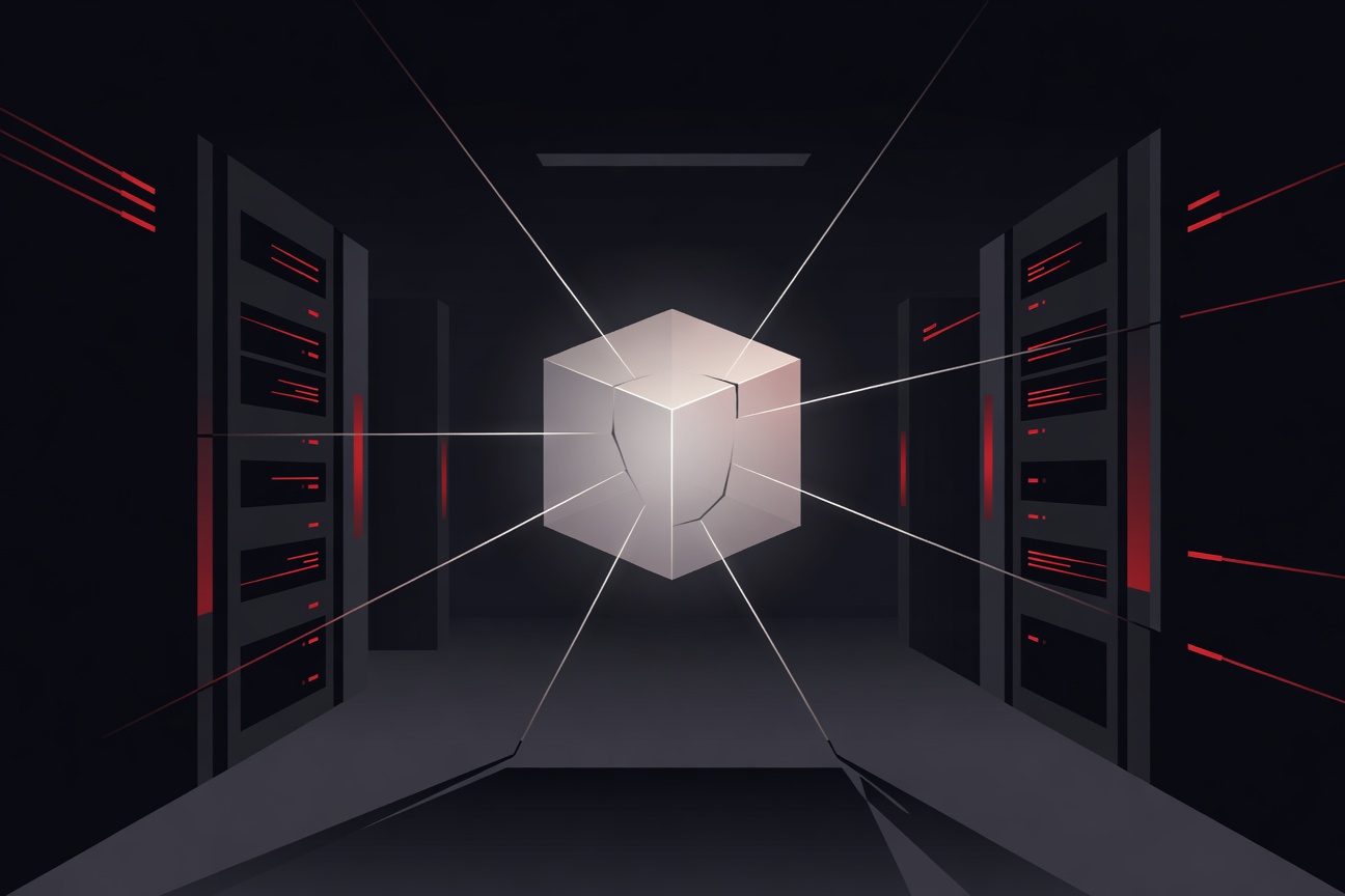 A glowing cube suspended inside a dark server room, with thin cracks of light radiating outward from its edges against a backdrop of silent black circuit boards