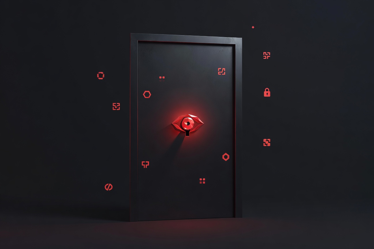 A glowing eye watching through a keyhole in a metallic door, representing AI self-awareness and evaluation detection