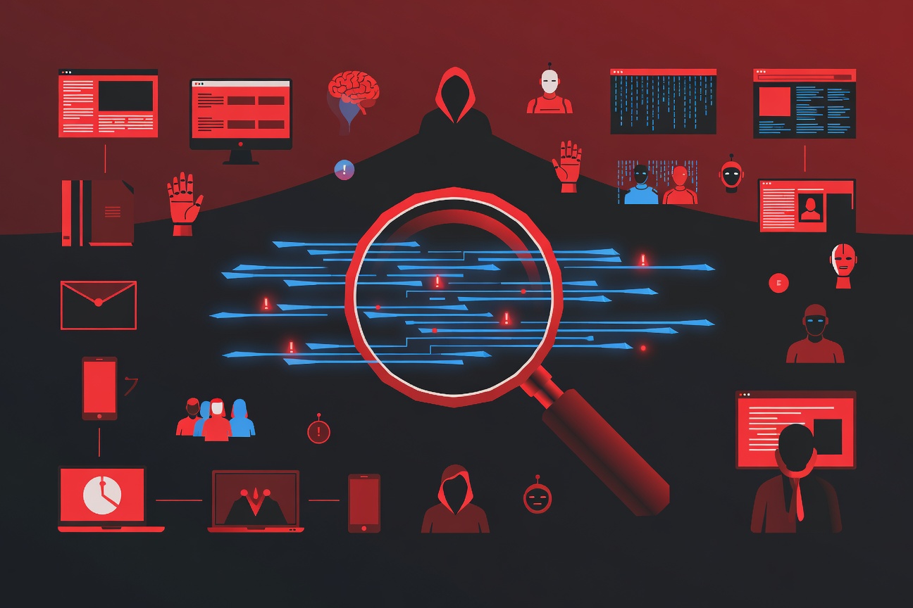 A magnifying glass scanning lines of glowing blue code with red warning markers appearing at detected vulnerabilities