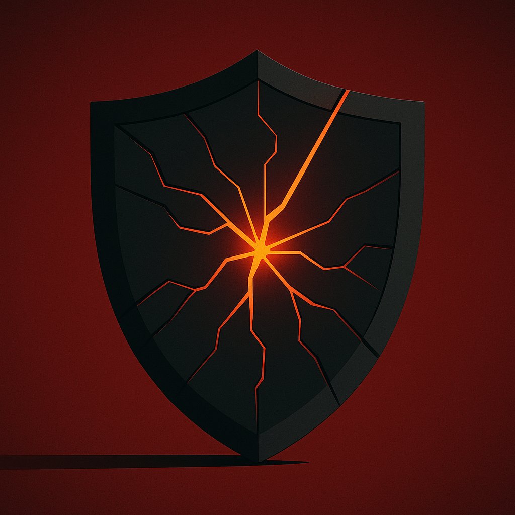 Abstract security shield with fractures radiating outward, glowing amber warning light, minimalist vector style