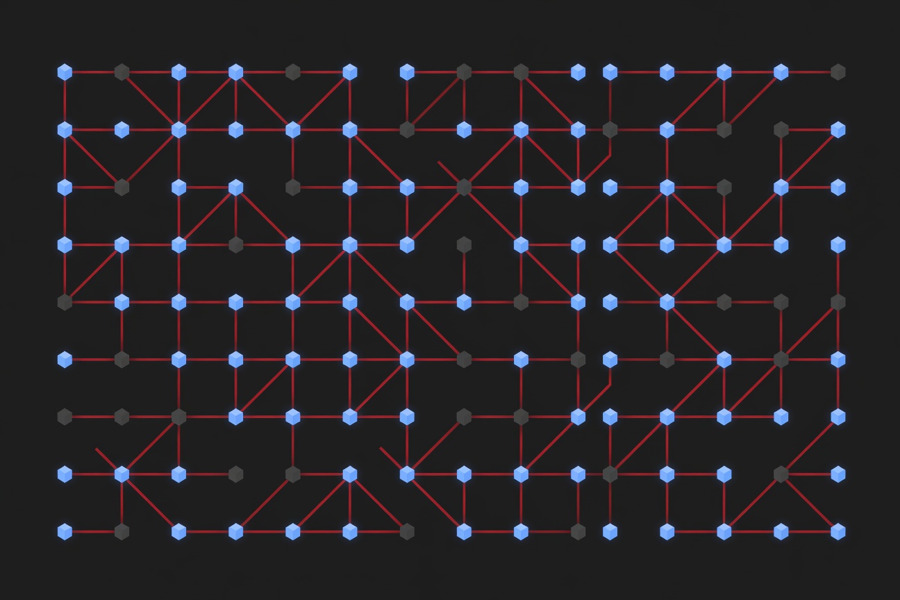 Abstract visualization of a broken circuit network with scattered signal nodes going dark one by one