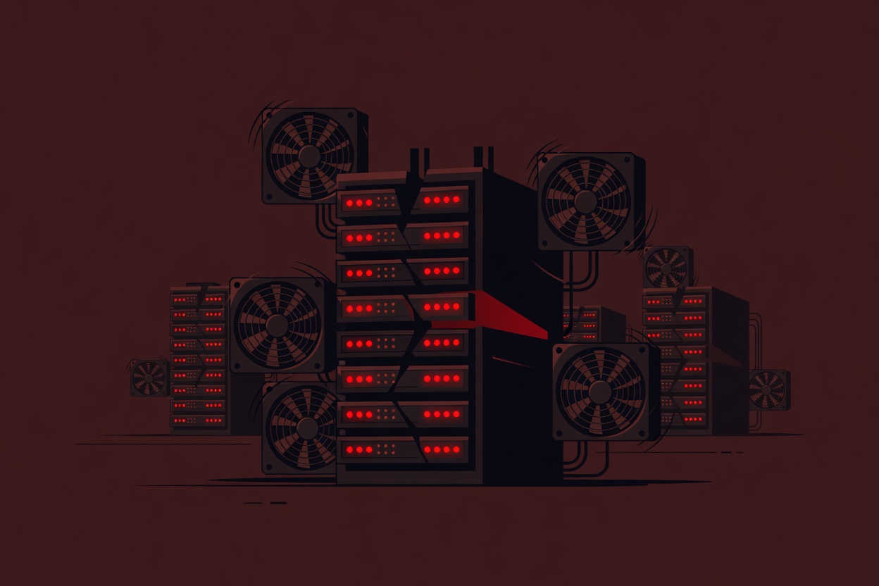 A cracked server rack glowing red in a dark data center, surrounded by warning lights and cooling fans