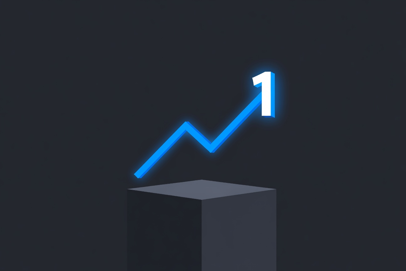 An upward-trending graph rendered as glowing blue lines ascending to a number one podium on a dark background