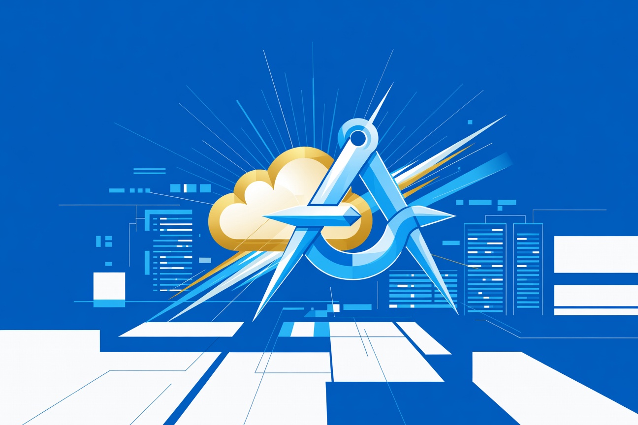 A golden AWS cloud symbol merging with an abstract Anthropic compass shape against a deep blue enterprise data center background