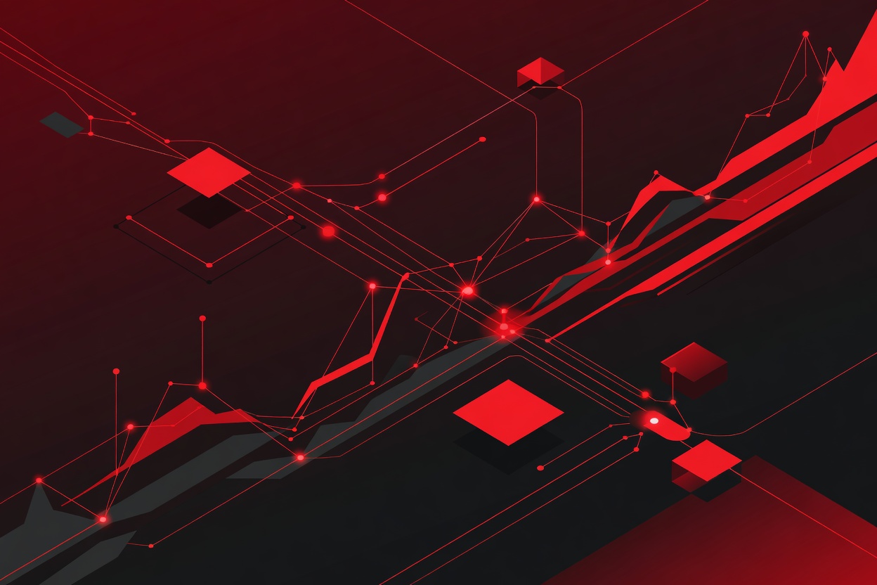 Abstract financial chart with glowing digital network lines representing AI agents routing trade orders through a circuit board