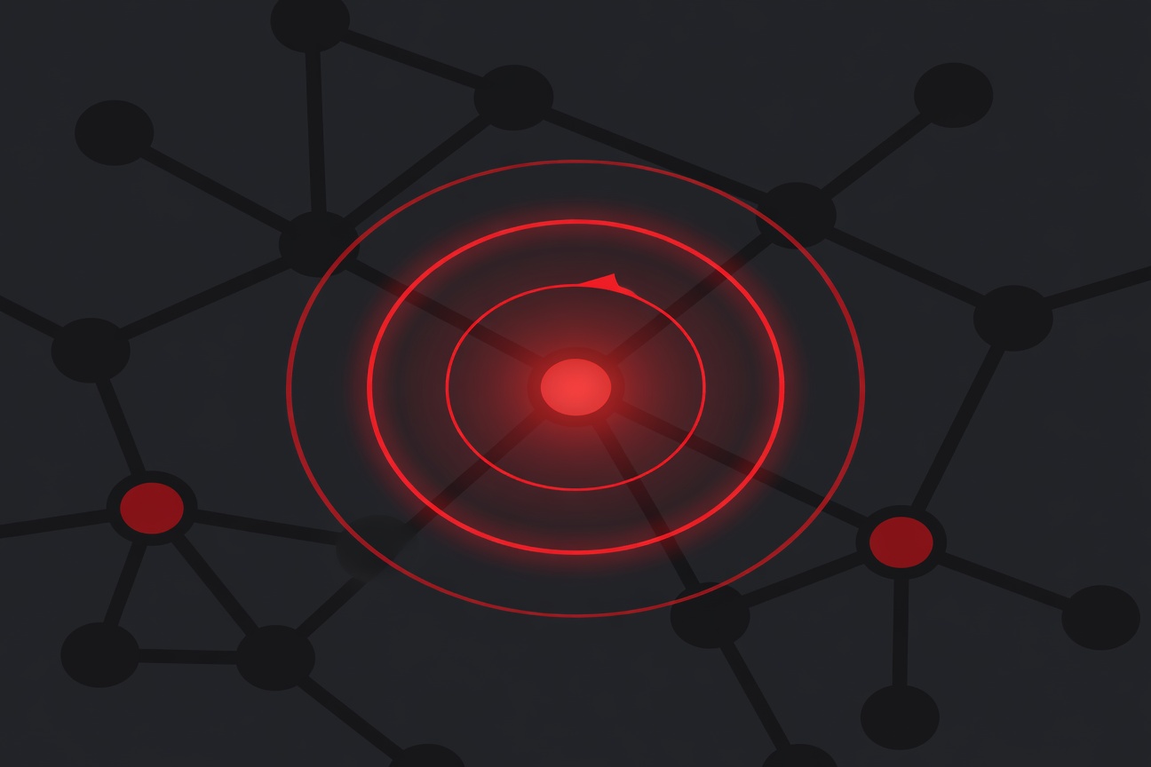 A single glowing node in a network diagram going dark while connected nodes flash red warning signals