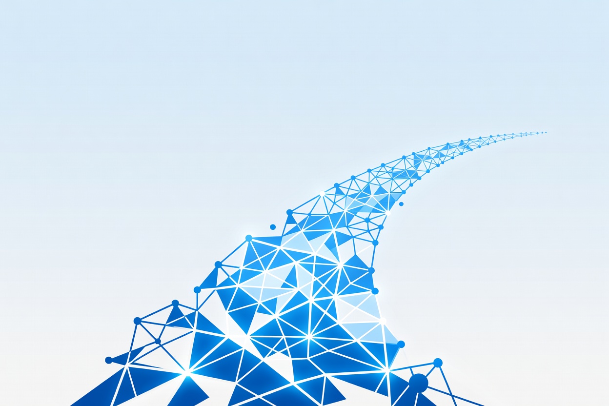 A glowing neural lattice structure shaped like a climbing arc, ascending from dense nodes to an expansive open sky, representing Sonnet 5's leap in agentic capability