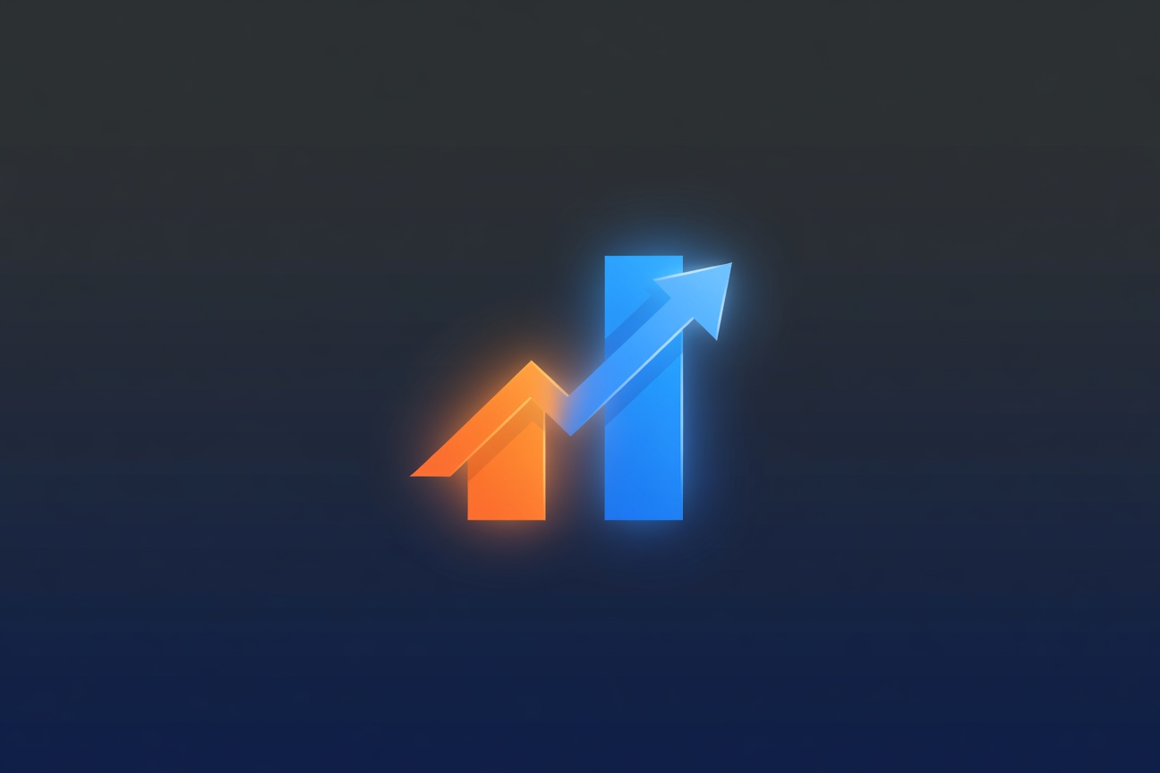Two abstract upward-trending bars side by side, one glowing orange and one glowing blue, rising through a clean dark gradient field