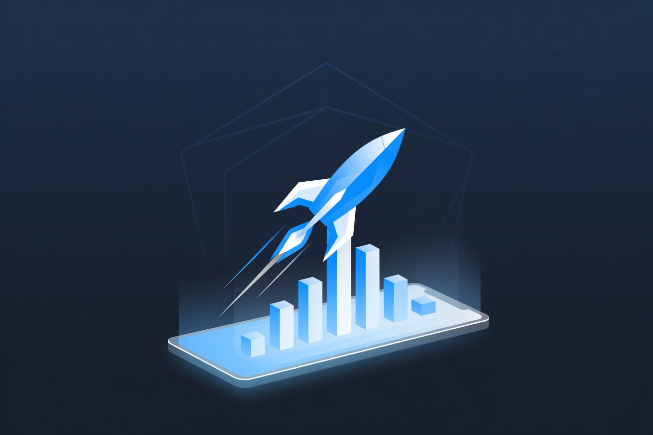 A rocket-shaped bar graph soaring past competitors on a phone screen, with a pentagon silhouette in the background