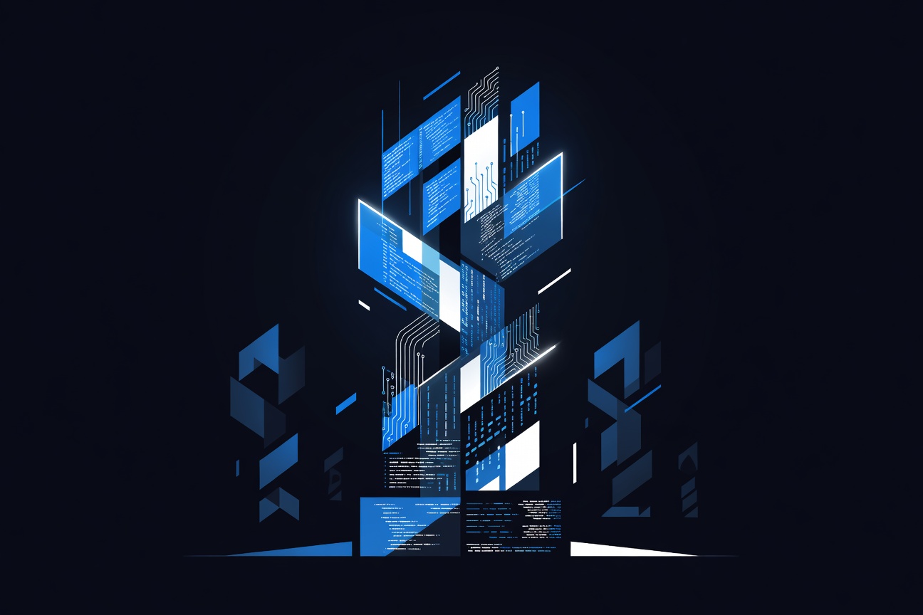 Abstract trophy made of glowing code fragments rising above faded competing shapes on dark background