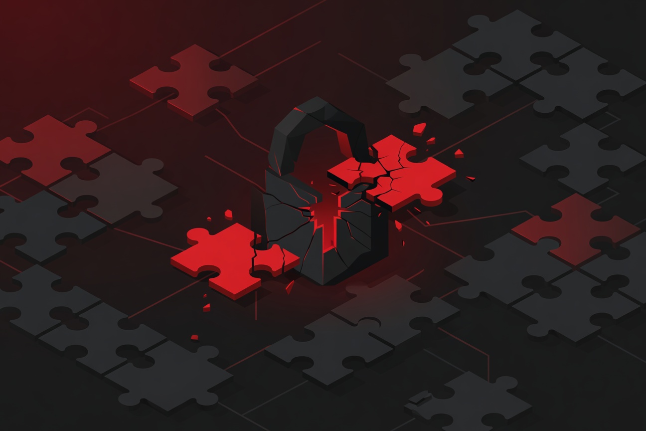 Abstract browser window with glowing puzzle-piece extensions, one highlighted in red breaking open a locked central chamber