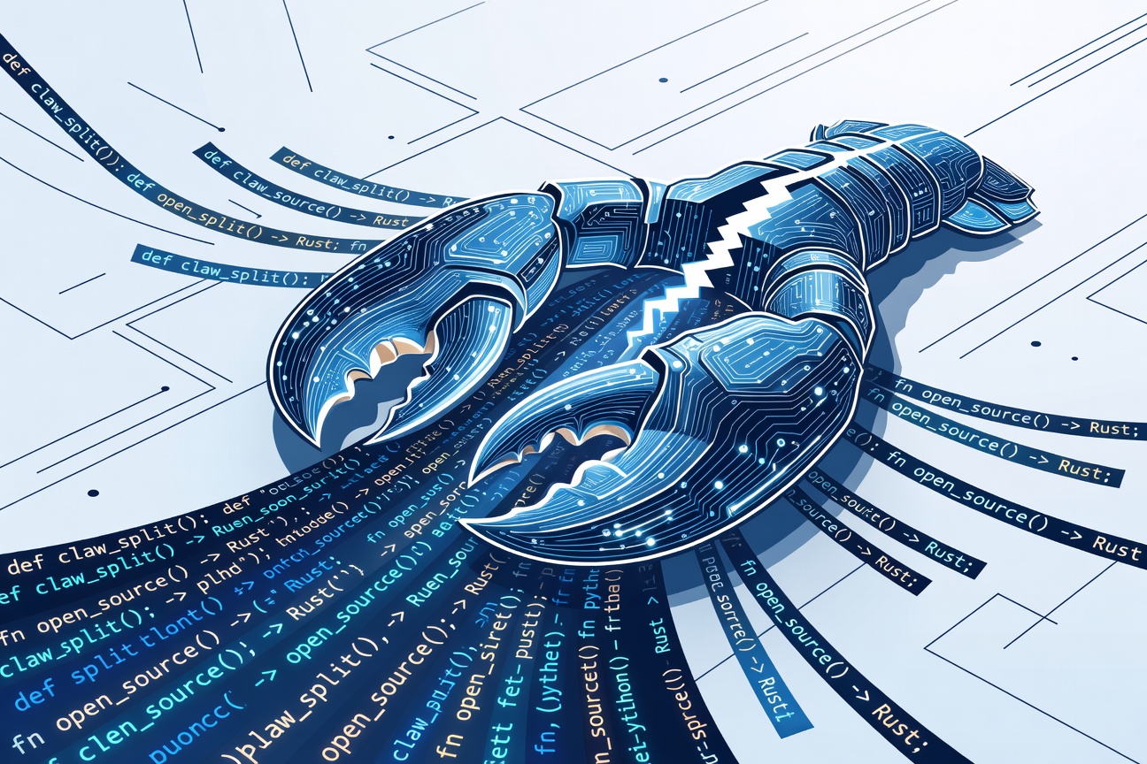 A glowing lobster claw made of circuit traces splitting open to reveal cascading lines of Python and Rust code