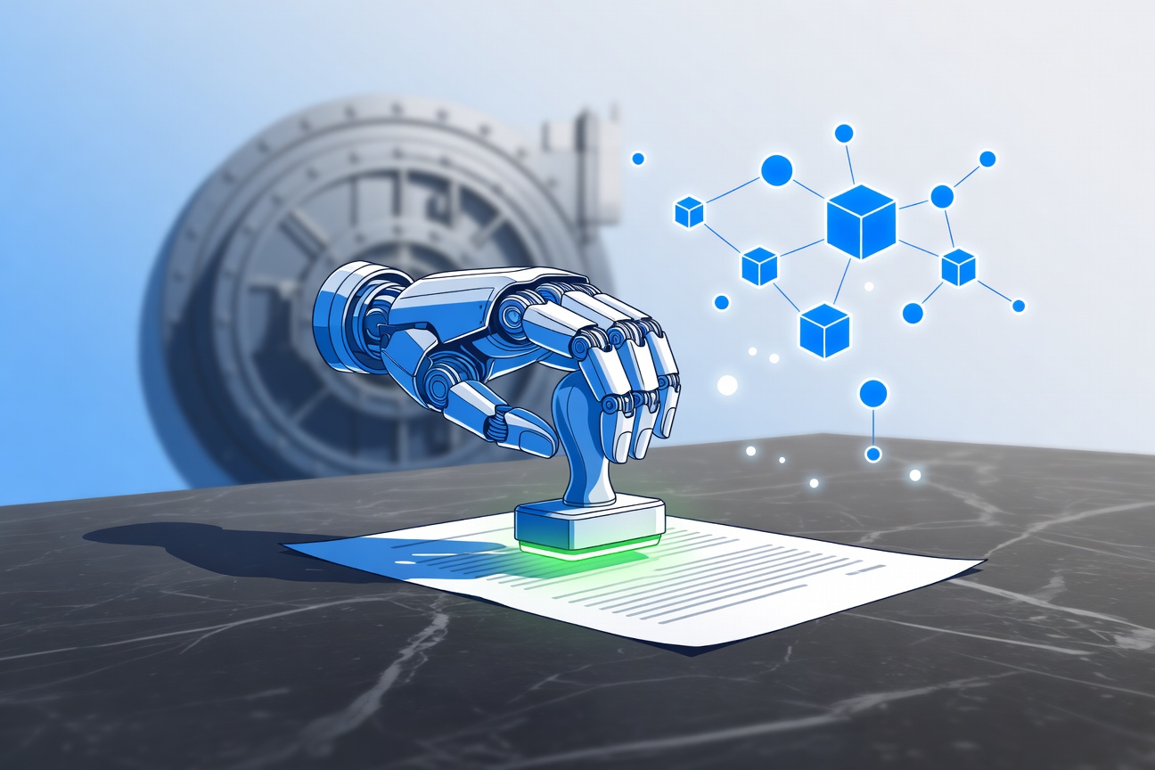 Abstract robotic hand stamping a glowing official document on a marble desk, with a bank vault and blockchain nodes visible in the background