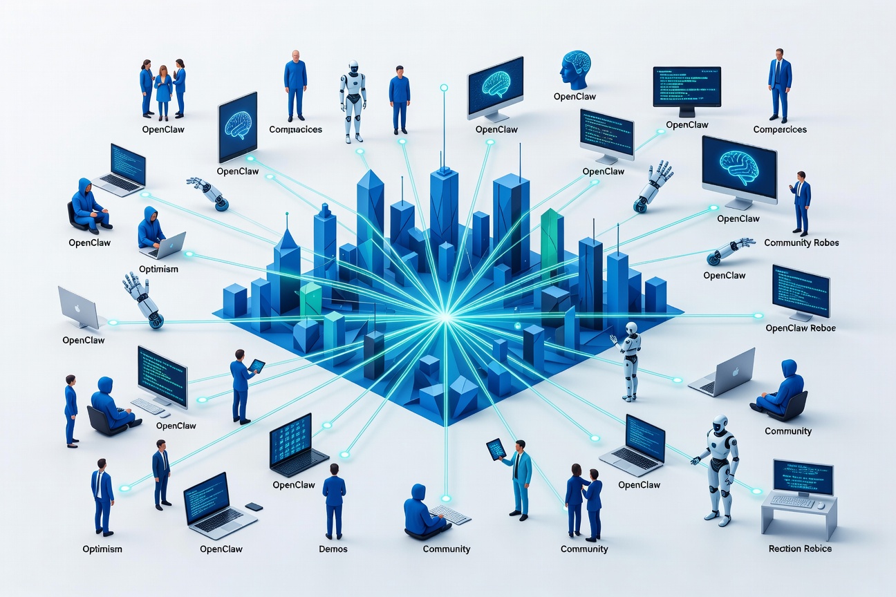 Abstract interconnected nodes forming a skyline shape with glowing teal connectors against a dark background