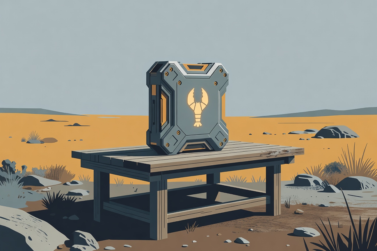 A rugged portable device with a glowing lobster claw icon sitting on a field workbench outdoors
