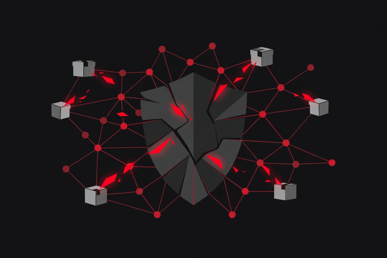 Fractured shield overlaid on a network of interconnected nodes with a shadowy figure extracting glowing data threads