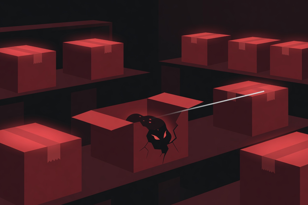 A dark marketplace stall with glowing malicious packages disguised as legitimate product boxes, abstract digital backdrop