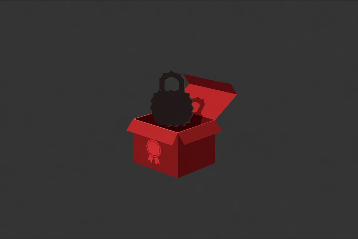 Abstract illustration of a shadowy padlock inside a legitimate-looking box label, representing fake trusted packages in a plugin registry