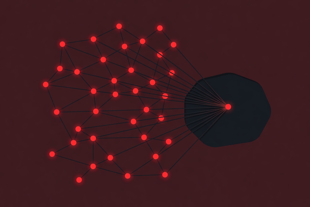 A swarm of glowing digital nodes being secretly redirected toward a dark mining pool, visualized as threads of electricity draining into a shadowy void