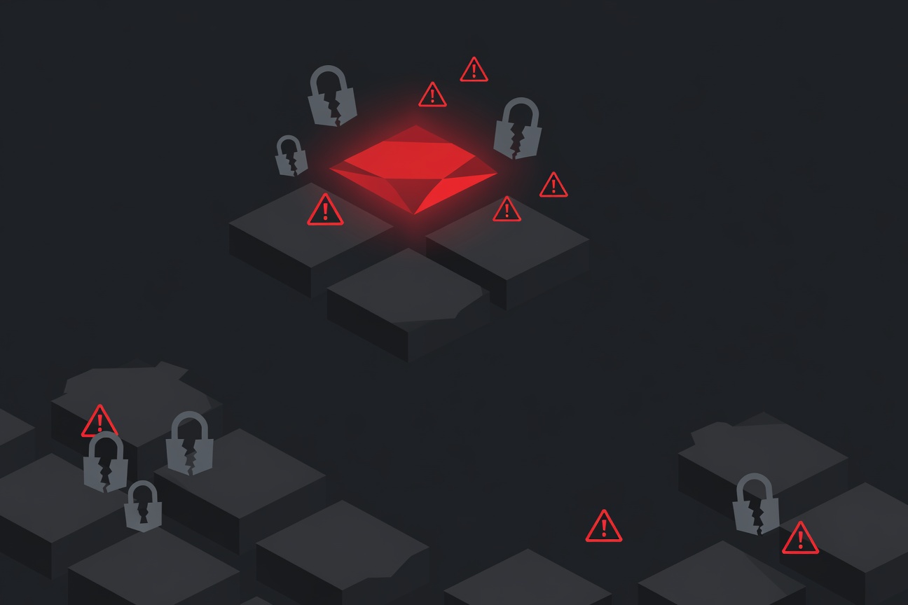 A digital marketplace shelf with a glowing malicious package ranked #1, surrounded by warning signs and broken security padlocks