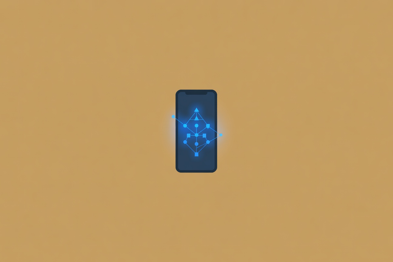 Abstract mobile phone silhouette displaying a glowing hierarchical tree structure in dark indigo and electric blue