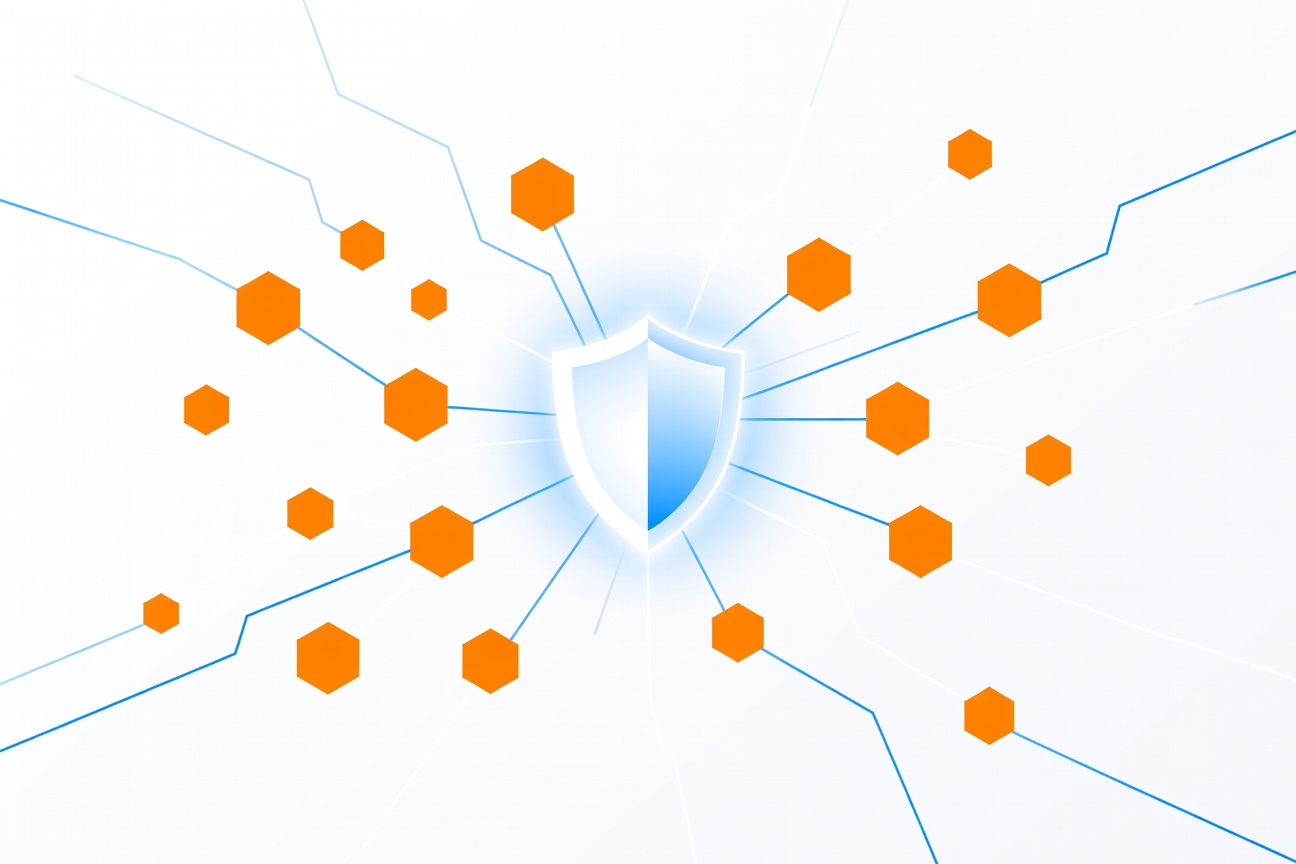 Orange hexagonal network nodes with glowing access gateway shield in center, abstract enterprise security diagram