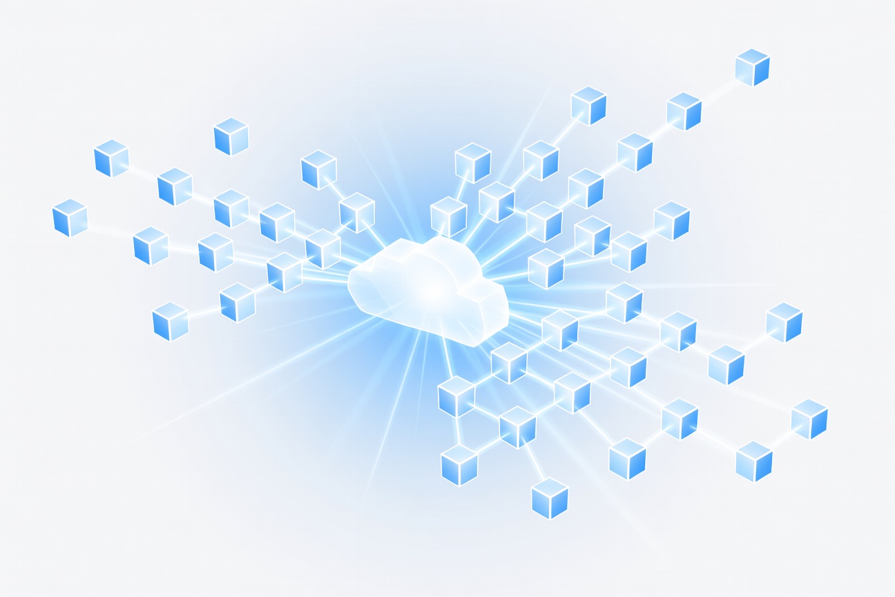 A glowing cloud platform expanding outward with interconnected agent nodes and persistent sandbox containers