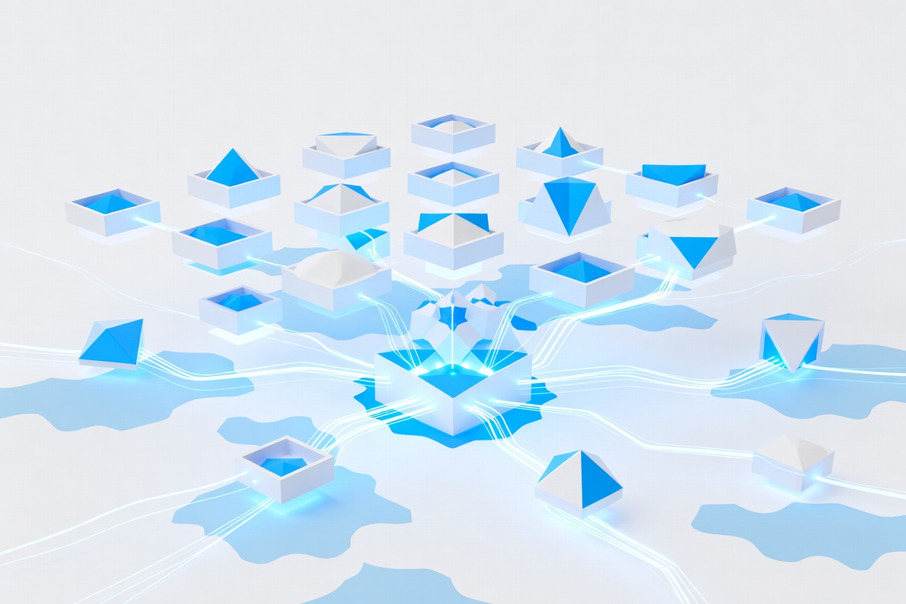 Abstract illustration of layered geometric sandboxes floating in an infinite cloud grid with glowing data streams