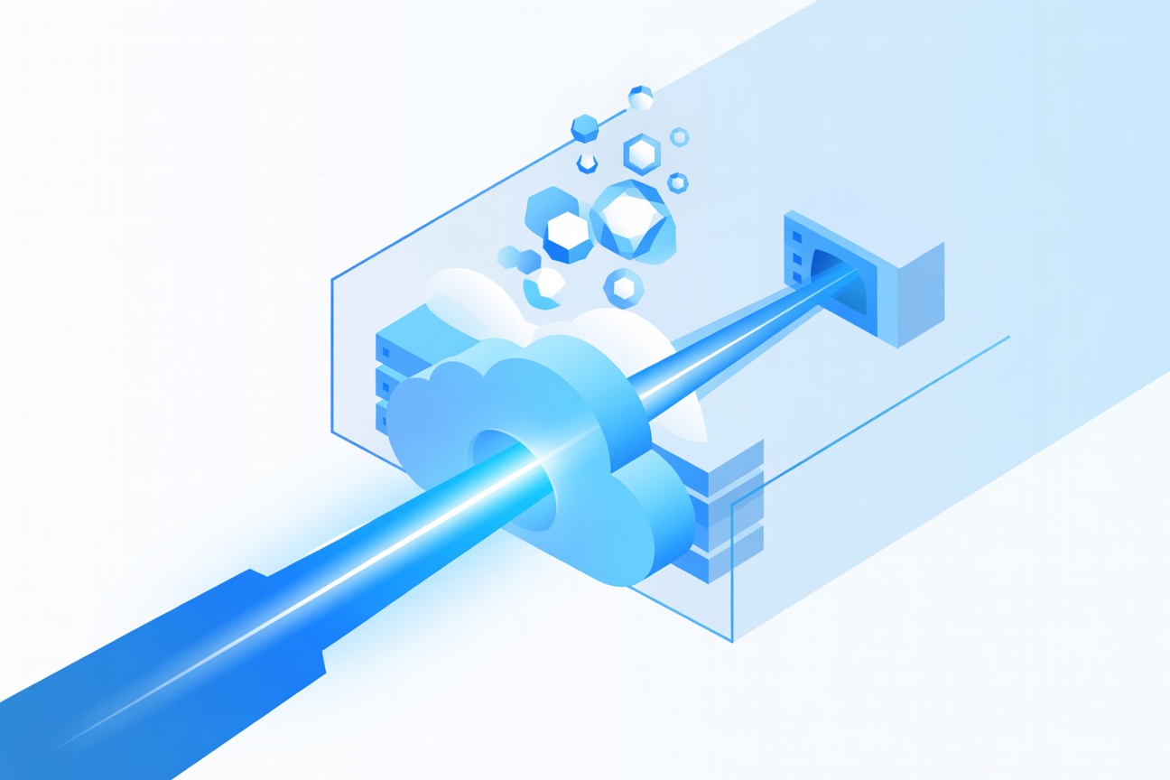 A glowing encrypted tunnel cutting through a corporate network perimeter, connecting a cloud environment to private servers without any open firewall ports