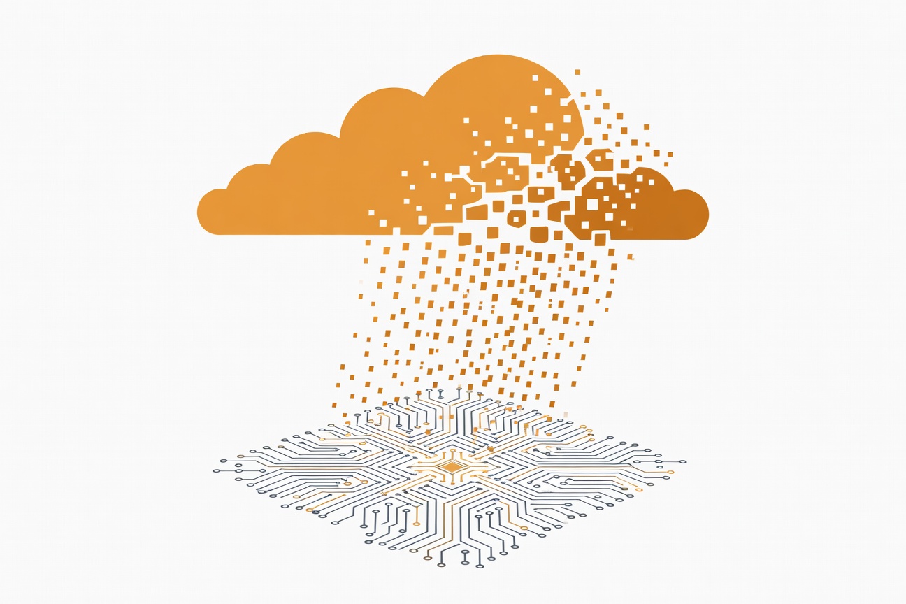Abstract orange cloud shape dissolving into cascading digital particles on a dark background