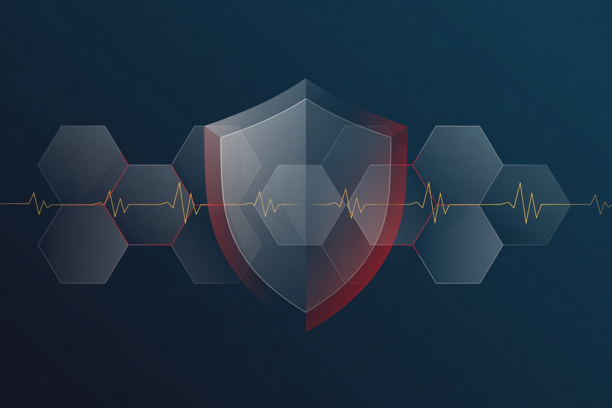 An abstract network shield with layered geometric waveforms radiating outward, deep blue tones, representing continuous behavioral scanning of invisible traffic flows