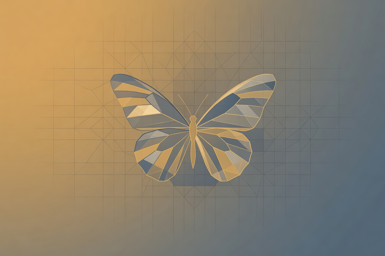 An abstract glasswing butterfly shape made of translucent geometric facets overlaid on a dark network grid