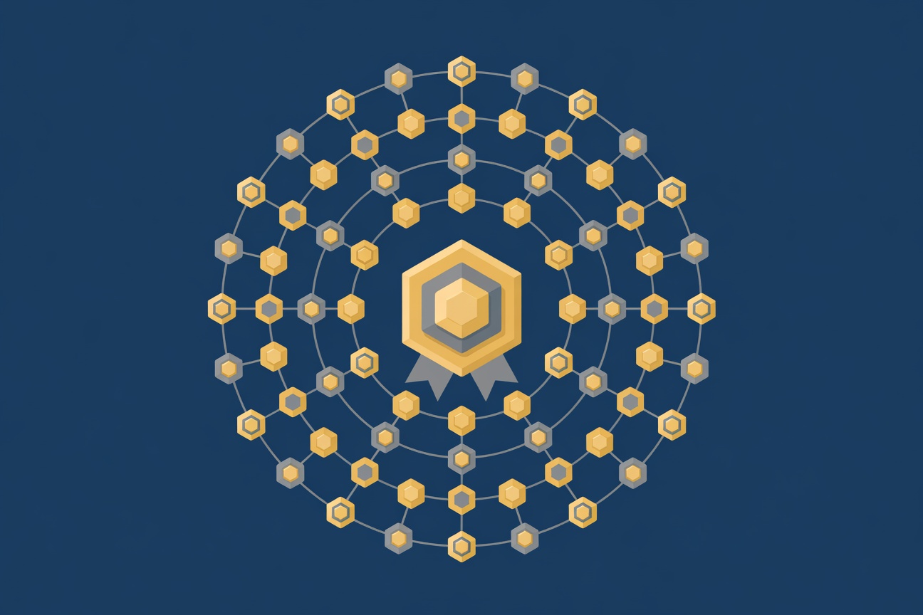 A certification badge surrounded by expanding rings of connected Kubernetes nodes on a deep blue background
