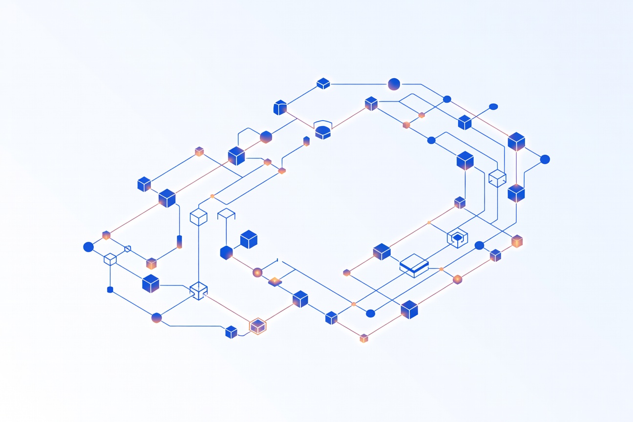Abstract visualization of interconnected glowing nodes in a network, representing AI agent memory and orchestration flowing through a loop
