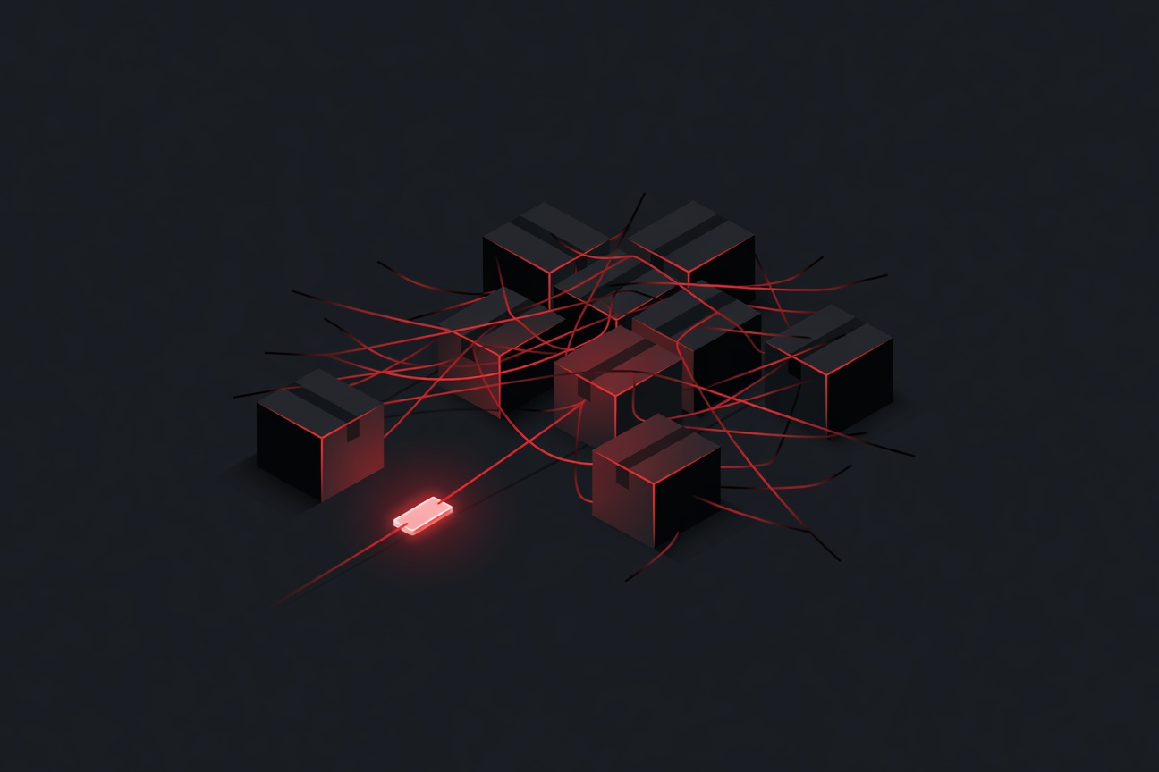 Abstract dark web of tangled red threads connecting glowing package boxes, symbolizing a software supply chain attack