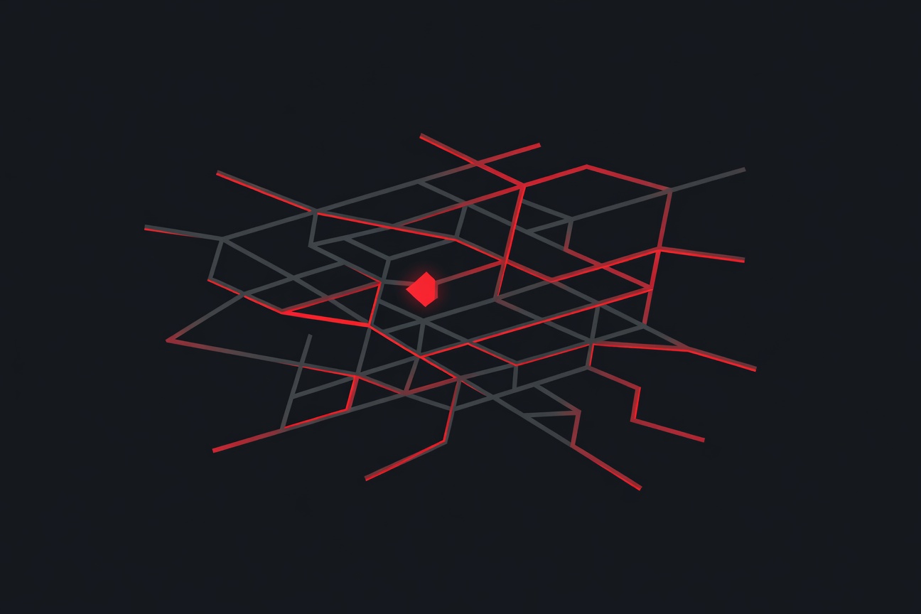 Abstract dark pipeline with glowing orange fracture points along its length, representing attack vectors introduced into a software supply chain by autonomous coding agents